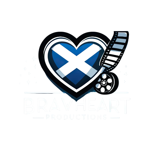 Brawheart logo - the Scottish saltire flag inside a heart leaning next to a film reel with the text BrawHeart Productions